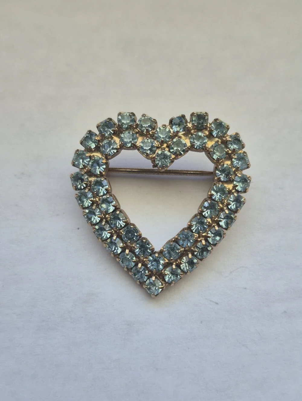 Vintage Aqua Blue Rhinestone Heart Brooch